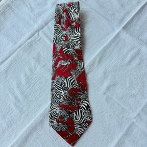 Vintage Nicole Miller Red and Black Zebra Print Silk Tie EUC Like New 56”